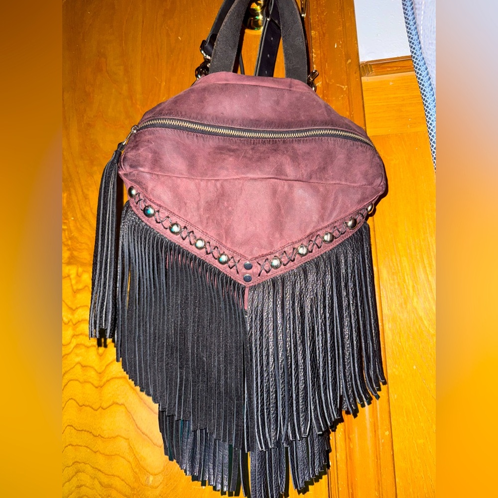Birdtrouble 100% leather Mini Melissa purple&black pebbled bison fringe backpack - Picture 5 of 12